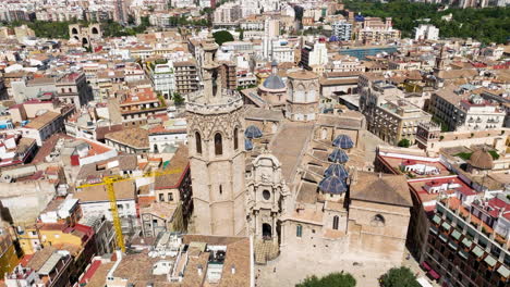 valencia cathedral in the old town of valencia in spain - aerial drone shot