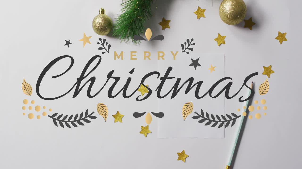 animación del texto de feliz navidad sobre las bolas de navidad