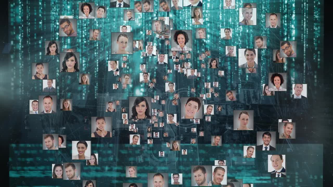 Animation of diverse people portraits and data processing over cityscape
