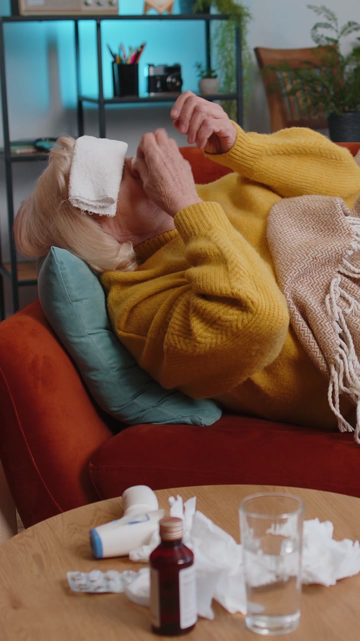 Una donna anziana malata che soffre di allergia al freddo sdraiata sul divano di casa starnutisce e asciuga il snoro nel tovagliolo