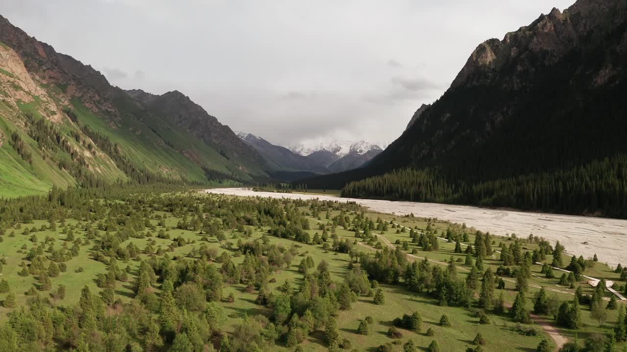 River and mountains at sunset.