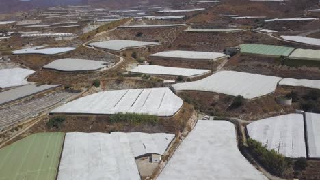 aerial view of a mountain full of white greenhouses