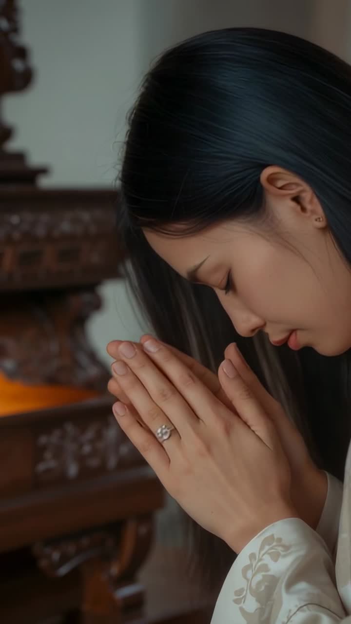 Vertical video: Holding palms Asian lady praying bowing in floral cuff at altar lamp, copy space