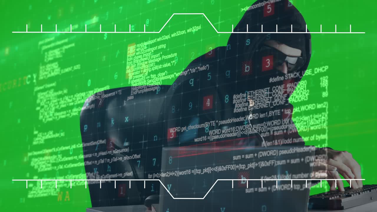 Cyber security data processing over male hacker using computer against green screen