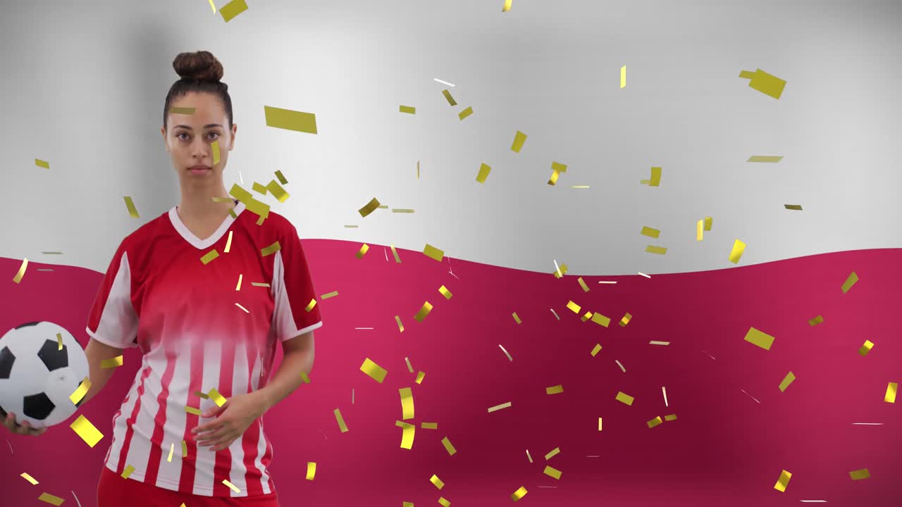 폴란드 발 위에 있는 두 인종의 여성 축구 선수의 애니메이션