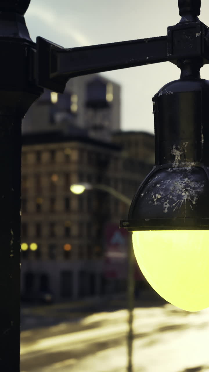 Streetlights illuminate a cityscape at dusk with a vibrant glow