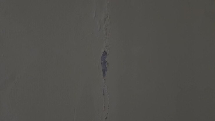 An establishing shot of severe structural neglect, a vertical crack with peeling paint and dark mold spreading down an interior residential wall