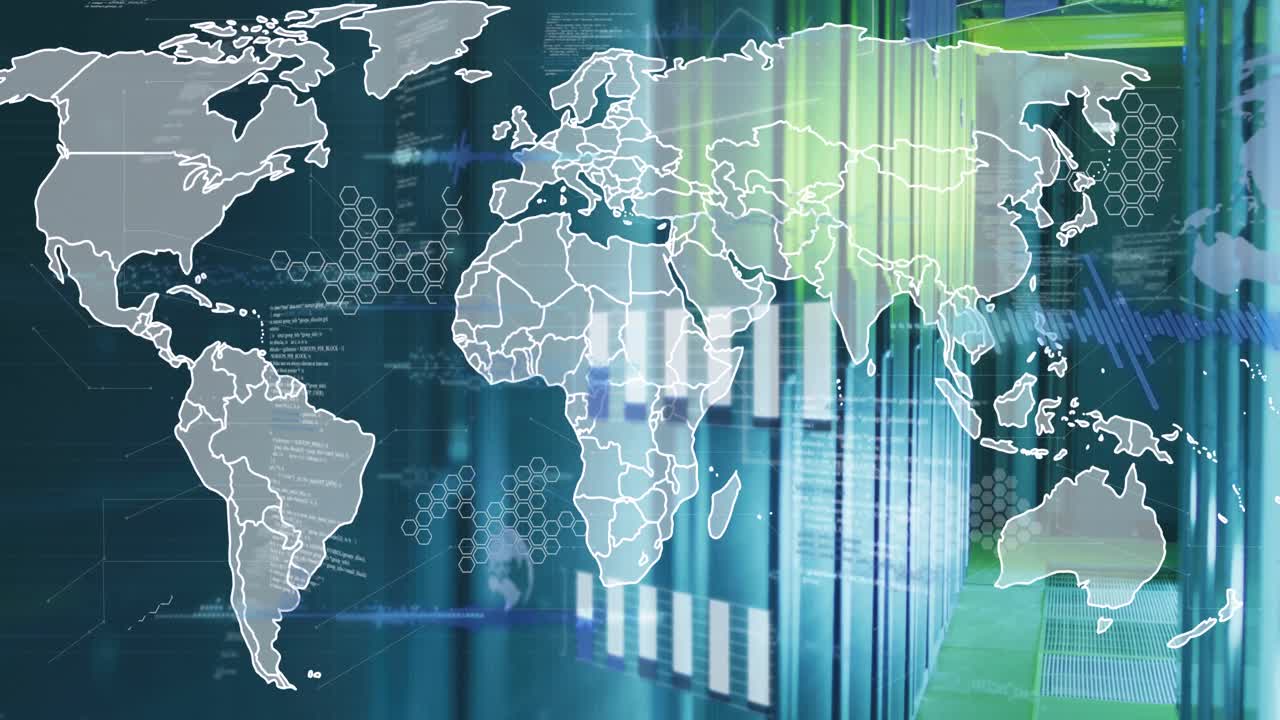 세계 지도 및 컴퓨터 서버를 통해 데이터 처리의 애니메이션