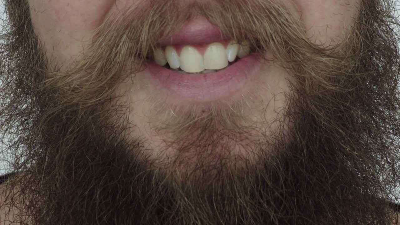 cerrar la boca del joven sonriente barba hipster dientes blancos saludables salud dental pelo facial peludo