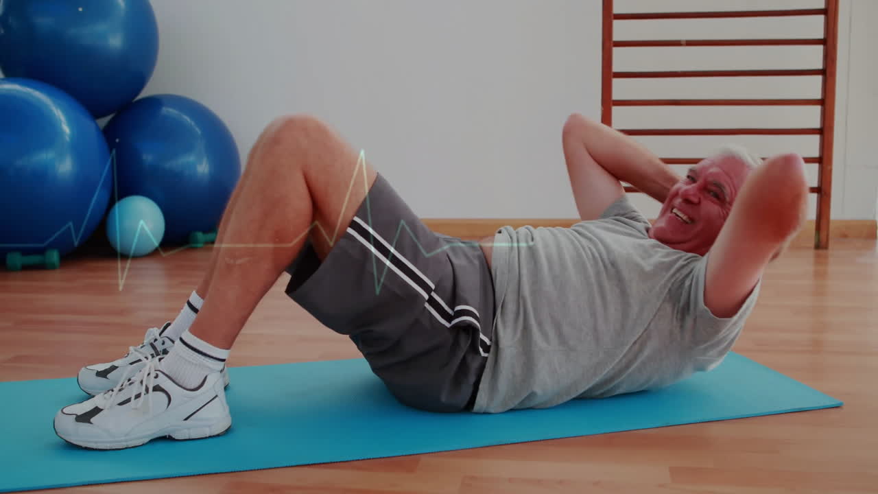 Exercising on mat, elderly man doing sit-ups, following fitness animation