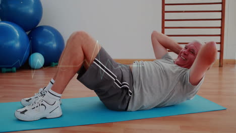 Exercising-on-mat,-elderly-man-doing-sit-ups,-following-fitness-animation