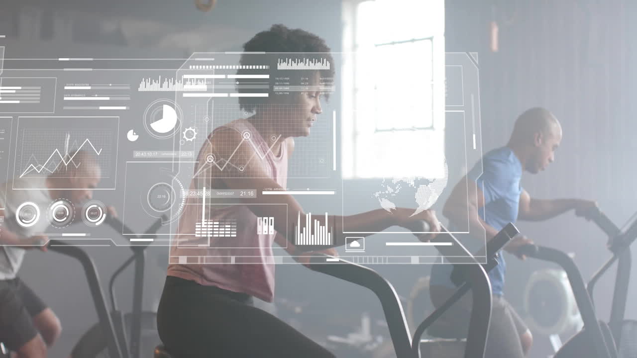 체육관에서 타원형 자전거를 사용하는 다양한 사람들을 대상으로 금융 데이터 처리의 애니메이션