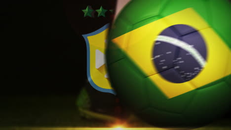 football player kicking brazil flag ball