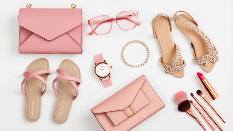 elegant pink fashion accessories and beauty products flat lay