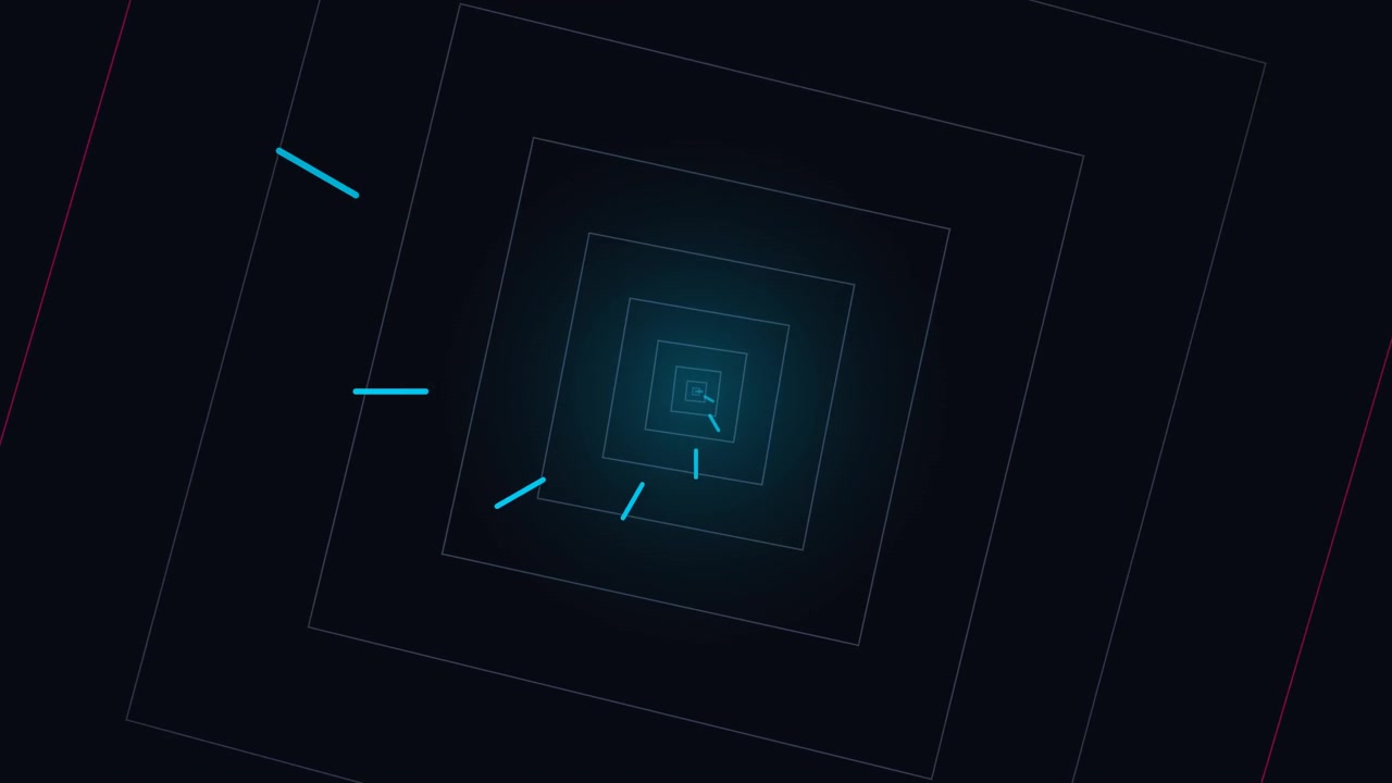Túnel abstracto de cuadrados concéntricos brillantes con líneas en movimiento