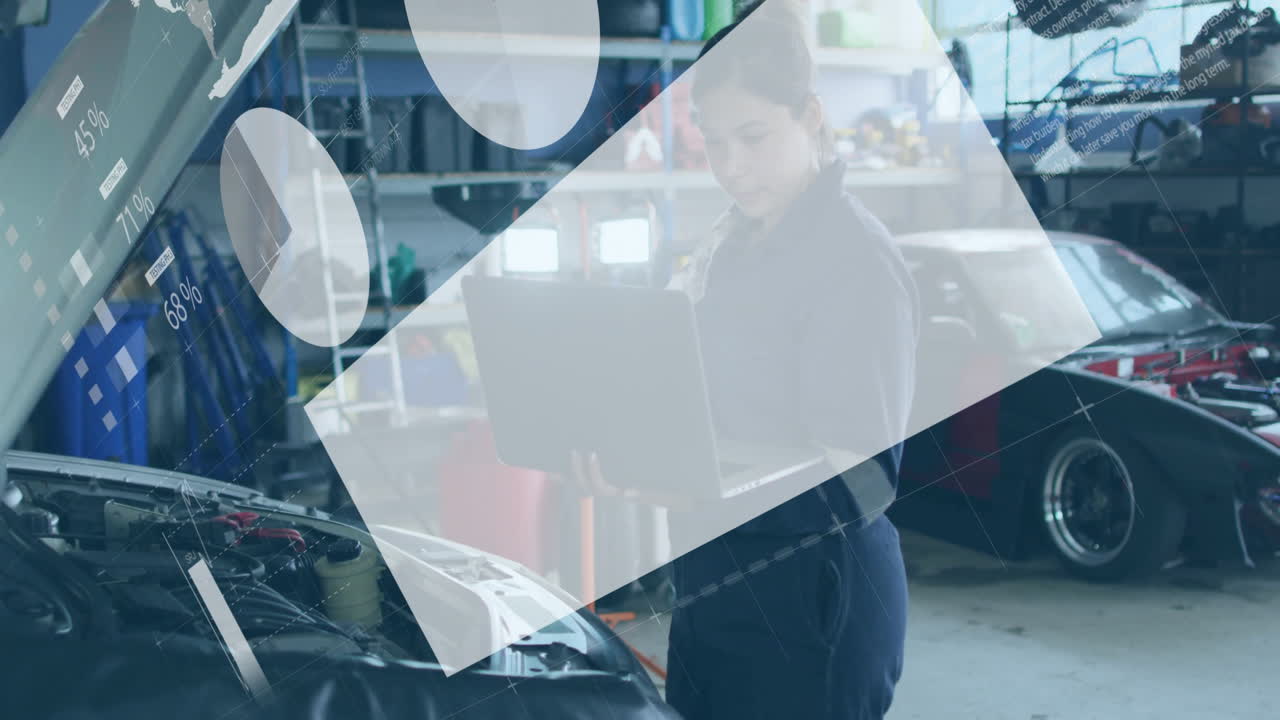 woman mechanic inspecting engine with laptop data and floating charts enhancing automotive workshop