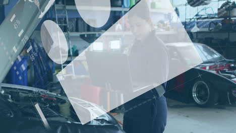 woman mechanic inspecting engine with laptop data and floating charts enhancing automotive workshop