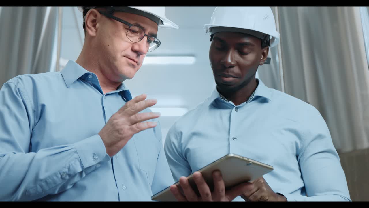 Engineers reviewing data on a tablet in a brewery