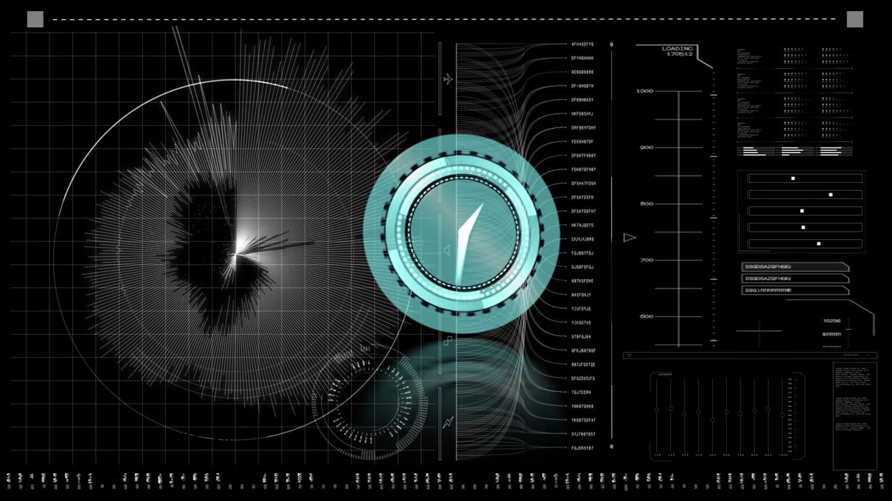 Animation of scope scanning with clock over data processing on black background