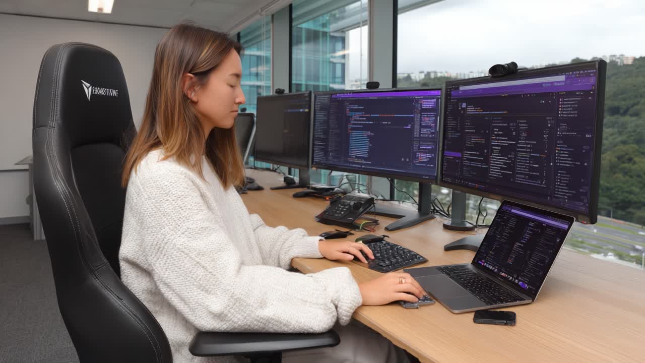 A focused individual engaged in programming or data analysis at a modern workstation, showcasing advanced technology and a collaborative work environment with multiple screens
