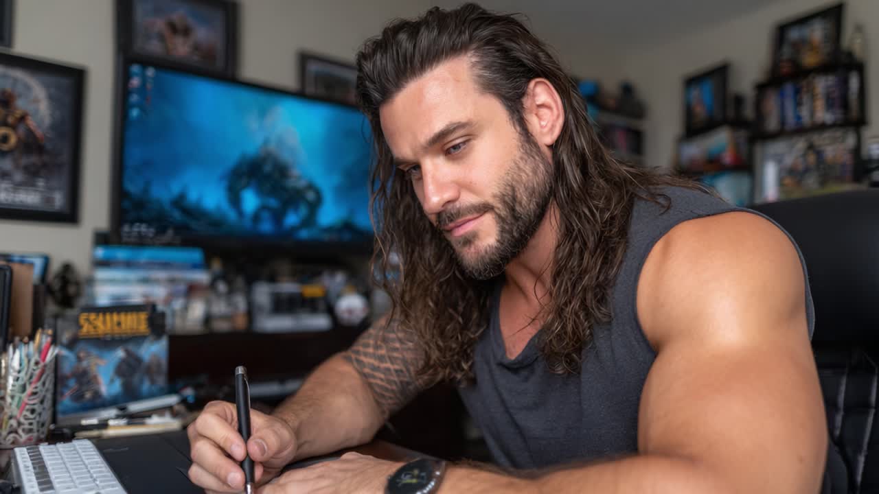 Focused on Creativity: A Man with Long Hair Engaged in Art and Writing Within a Gamer's Setup Surrounded by Digital Art and Collectibles