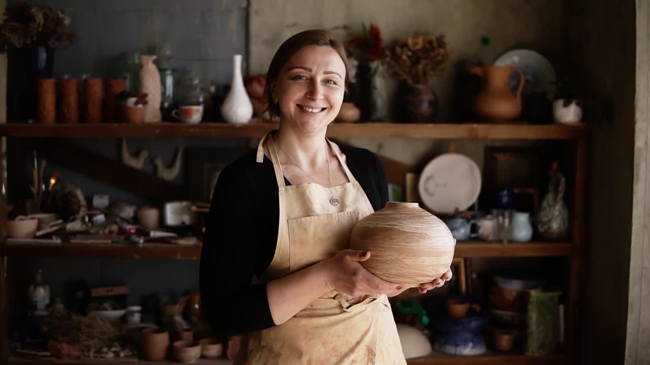 Light brown vase from clay in the female potter's hands. Portrait of cheerful blonde woman holding a vase of clay. The potter works in a pottery workshop with clay. Front view