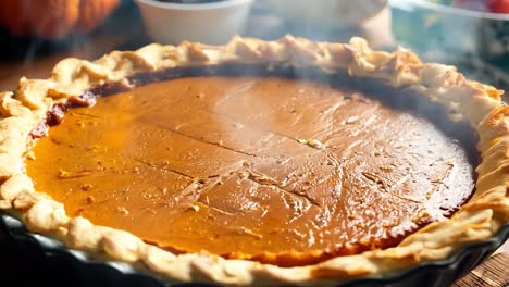 close up of a fresh, hot pumpkin pie with steam rising from it.