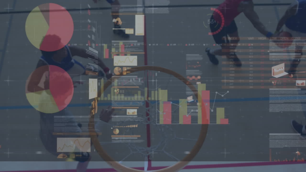 animación del procesamiento de datos financieros sobre diversos jugadores de baloncesto masculinos en el gimnasio
