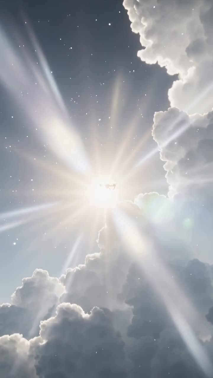 Video verticale: Drone in bilico con pattini e rotori che si allontana verso il sole sopra le nuvole, con il sole che abbaglia.