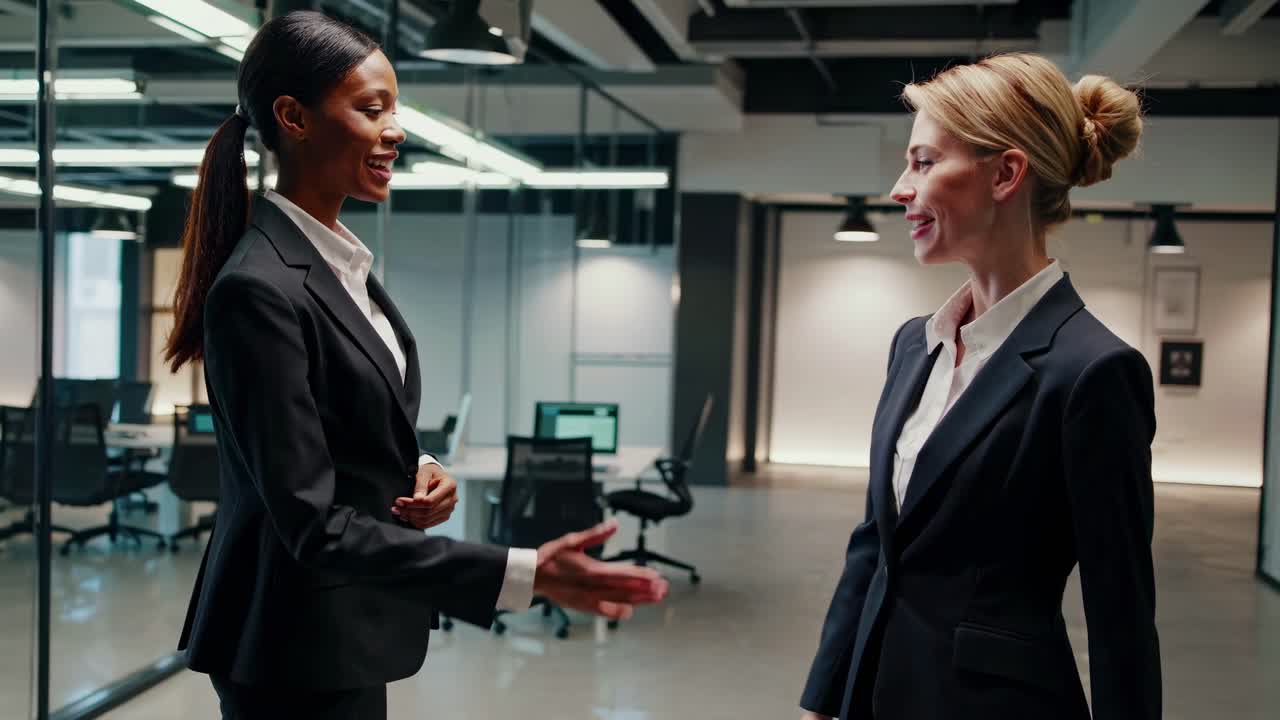 Two businesswomen shaking hands in a modern office, captured from a side angle