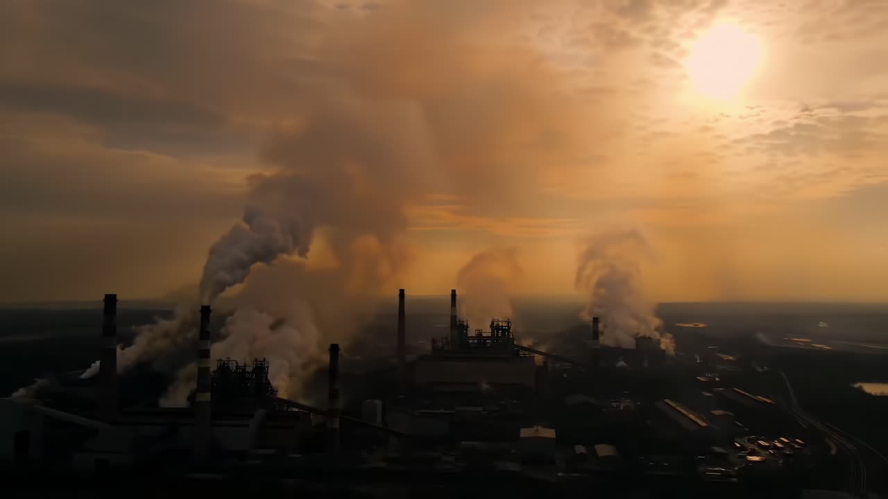 Aerial View of Industrial Complex with Smokestacks Emitting Pollution Against a Dramatic Sunset Sky, Capturing the Essence of Modern Manufacturing
