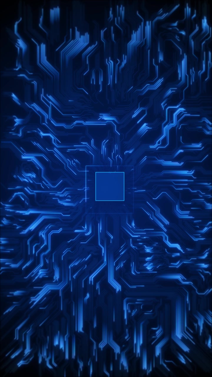 Glowing blue motherboard lines with central processor block dark circuit paths and digital