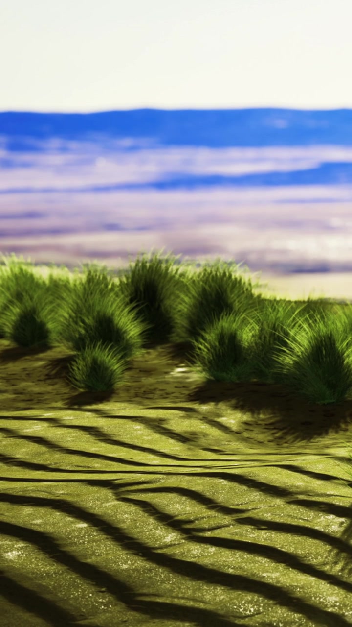 Sunlight on grass and shadows in the field with distant hills at dusk