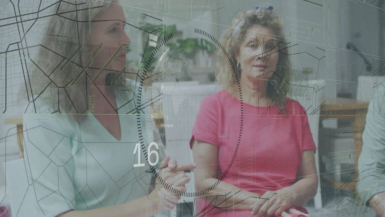 Seated group starting meeting while HUD overlay appearing and numbers rising, reviewing health data