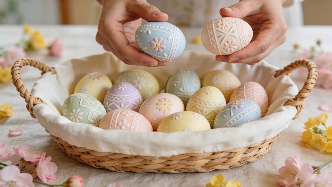 Entering hands wearing long-sleeve top arranging pastel eggs in basket at home, checking designs