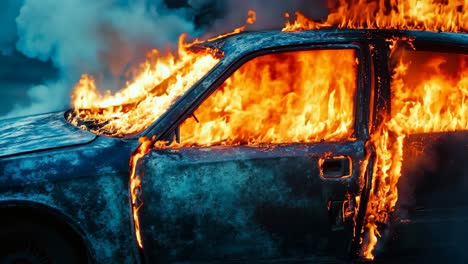 a burnt out car on fire with smoke coming out of it