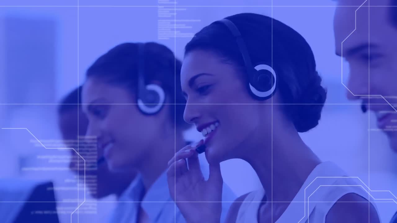 Animation of team of people talking on phone headsets and data processing