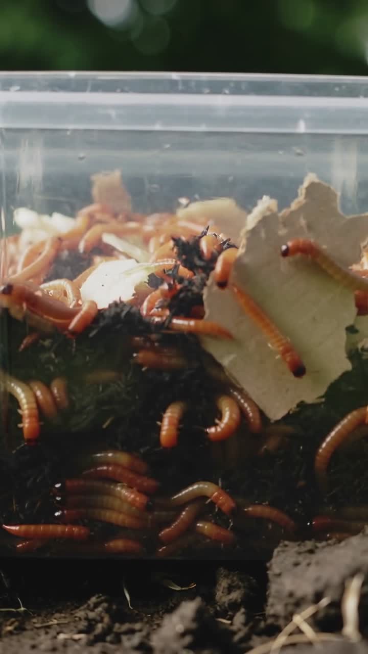Vertical video: After placing millipede group in clear tub on soil, crawling over moss to cardboard