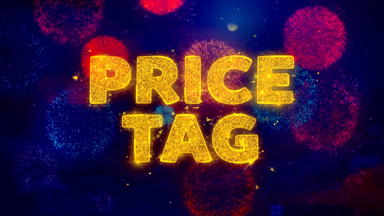 testo del cartellino del prezzo su particelle di esplosione di fuochi d'artificio colorati.