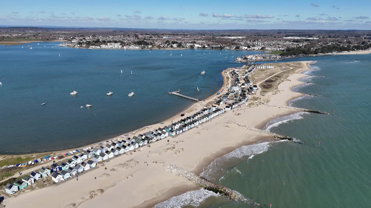 Beach huts Mudeford Sandbank Christchurch UK high angle drone,aerial