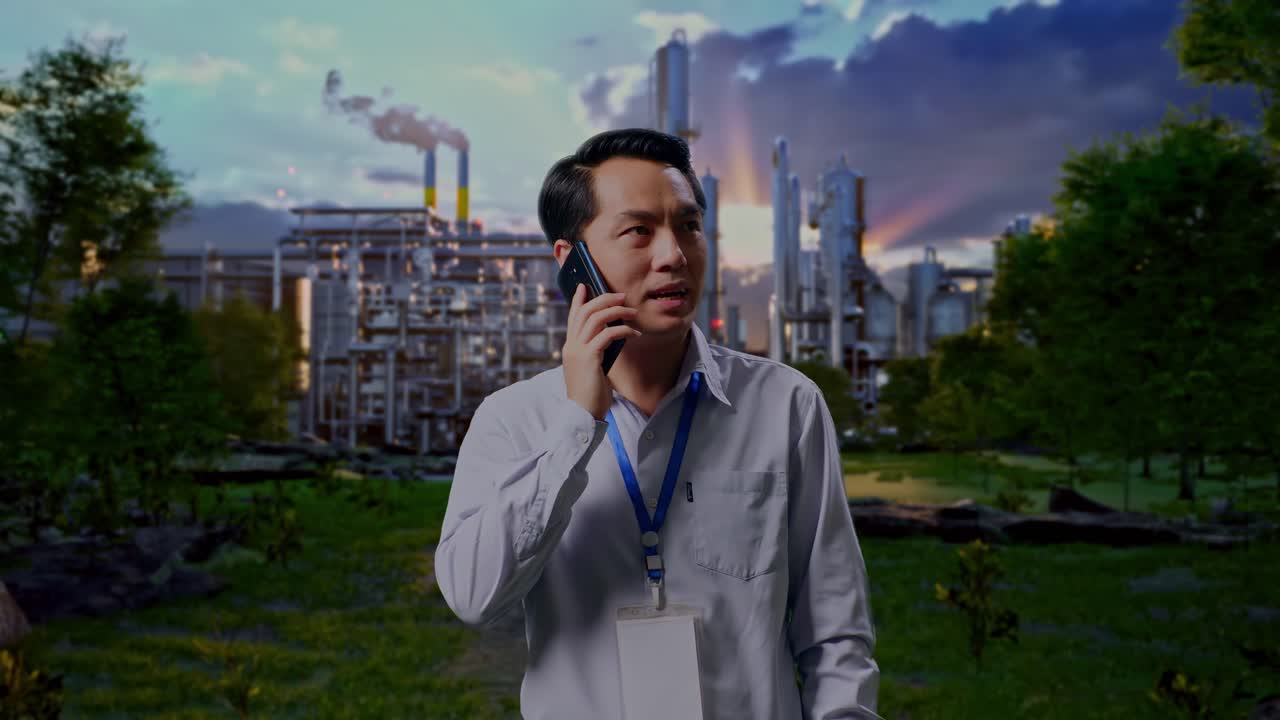Asian Male Professional Worker Standing In Front Of Oil Refinery, He Pick The Phone Up And Started To Speaking With It