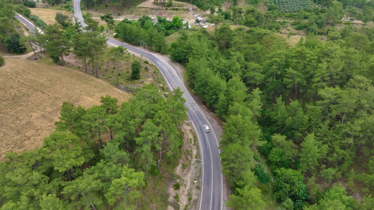 vista aérea de una carretera sinuosa a través del bosque y el campo