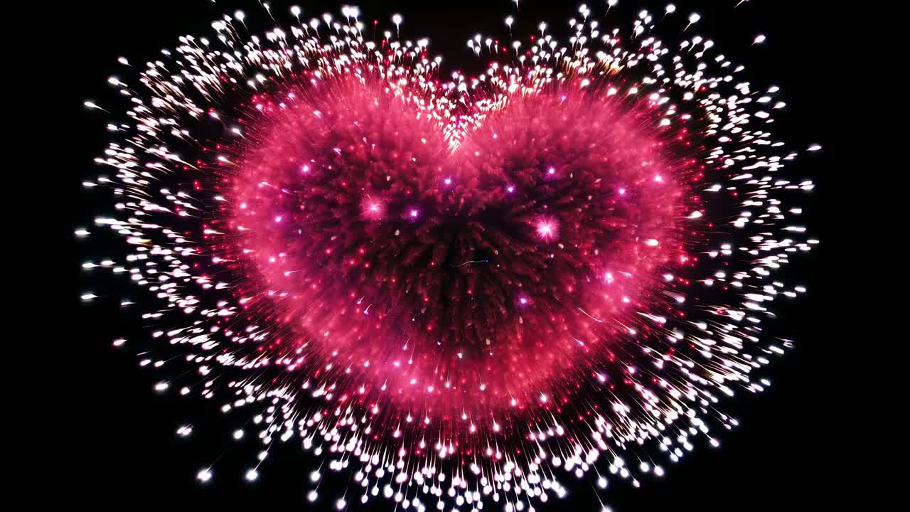 Aerial view of heart-shaped fireworks bursting in the night sky, creating a romantic and celebratory