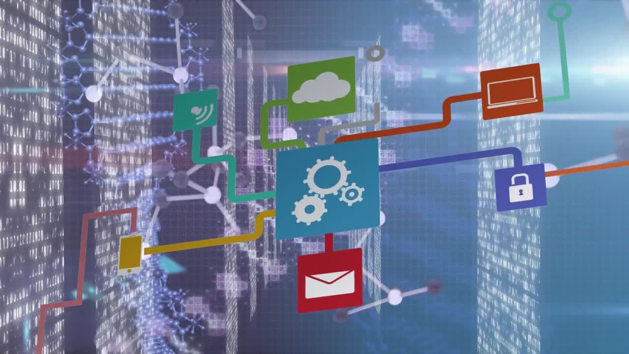 animación de la red de conexiones con iconos y moléculas sobre la cadena de adn sobre fondo azul