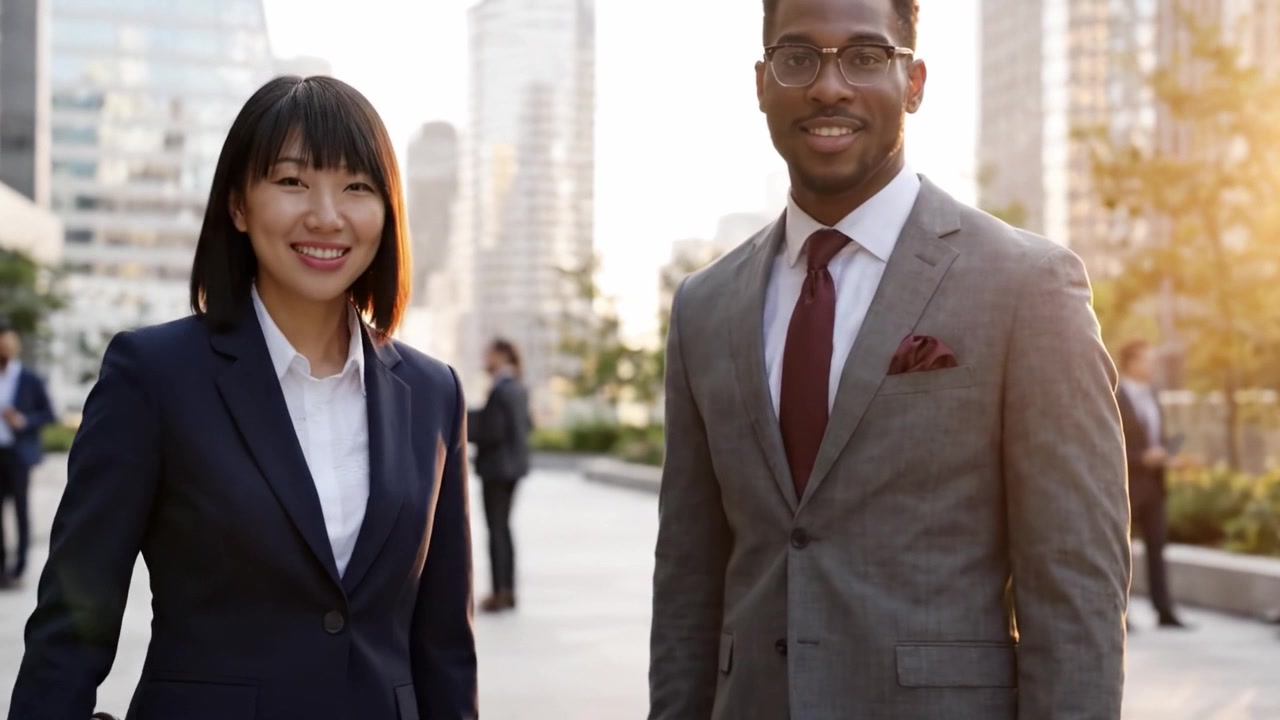 Un duo d'affari fiducioso che cammina insieme in un ambiente urbano moderno, incarnando professionalità e successo in uno sfondo luminoso e vivace