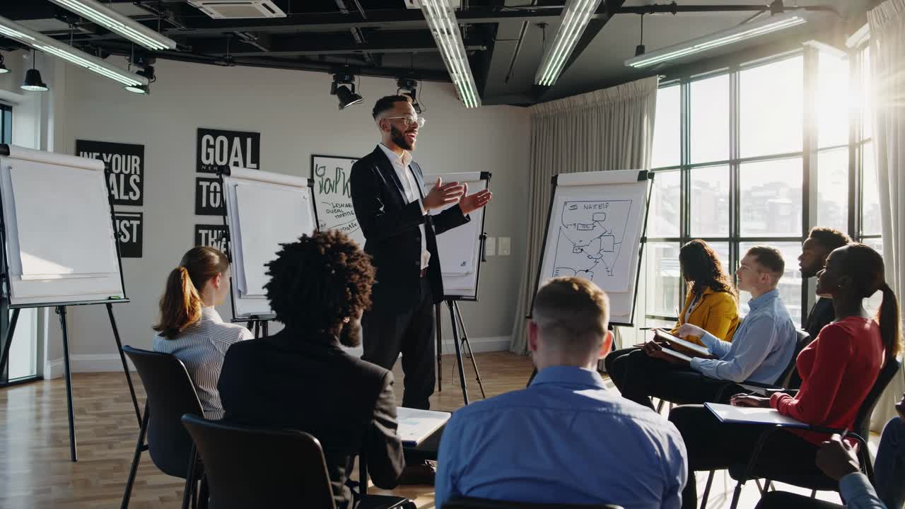 A professional video captures a business meeting from a side angle, showcasing a speaker presenting