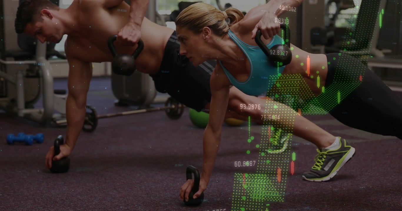 Animation of financial data processing over diverse people exercising in gym