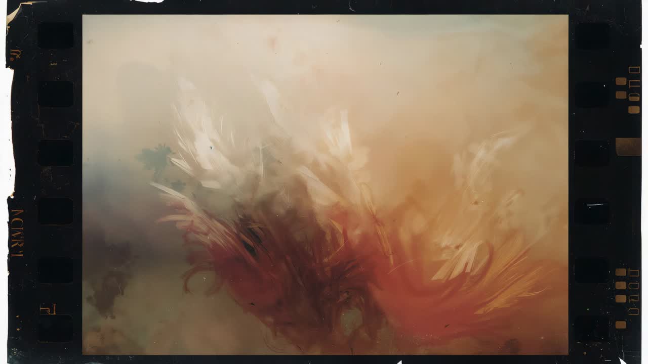 Breathing abstract plume shifting in studio framed panel, showing film-strip border and grainy wash