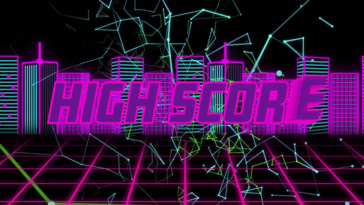 magenta grid starting cyan-lime-green network drifting, cascading strokes revealing HIGH SCORE