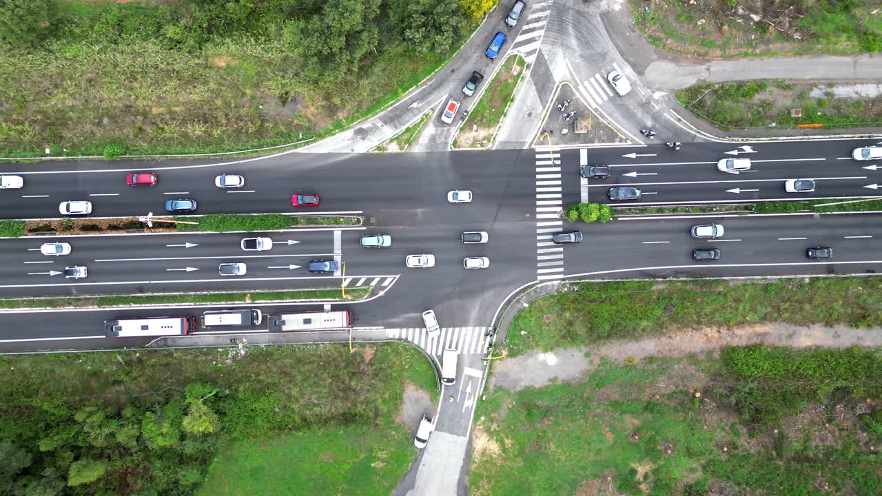 Aerial View of a Highway Intersection with Heavy Traffic